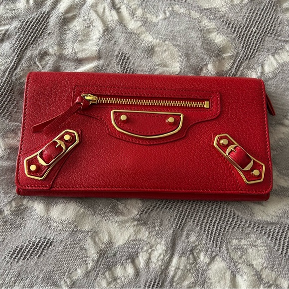 Authentic Balenciaga Red Leather Women's flap wallet/clutch gold hardware EUC! - Picture 13 of 14